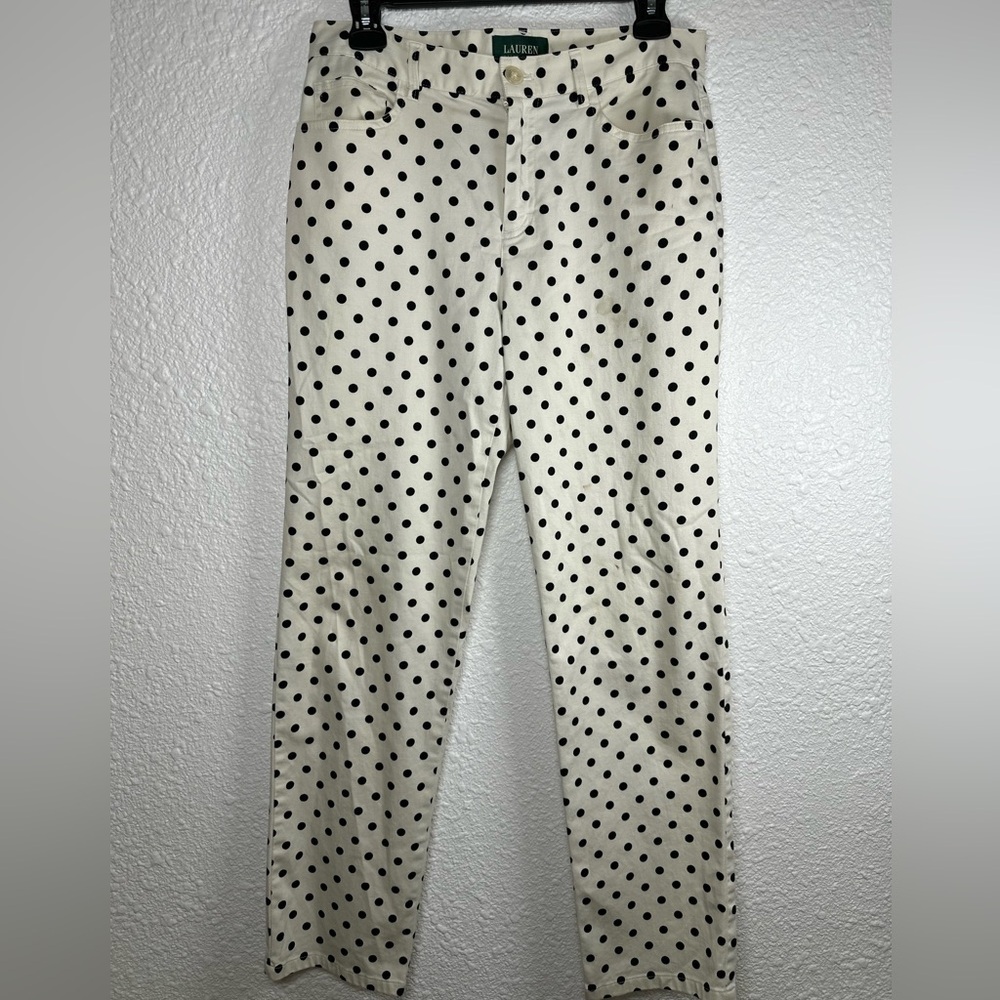 Lauren Ralph Lauren Women’s Polka Dot Stretch Pants Size 6 White Black Slim Fit